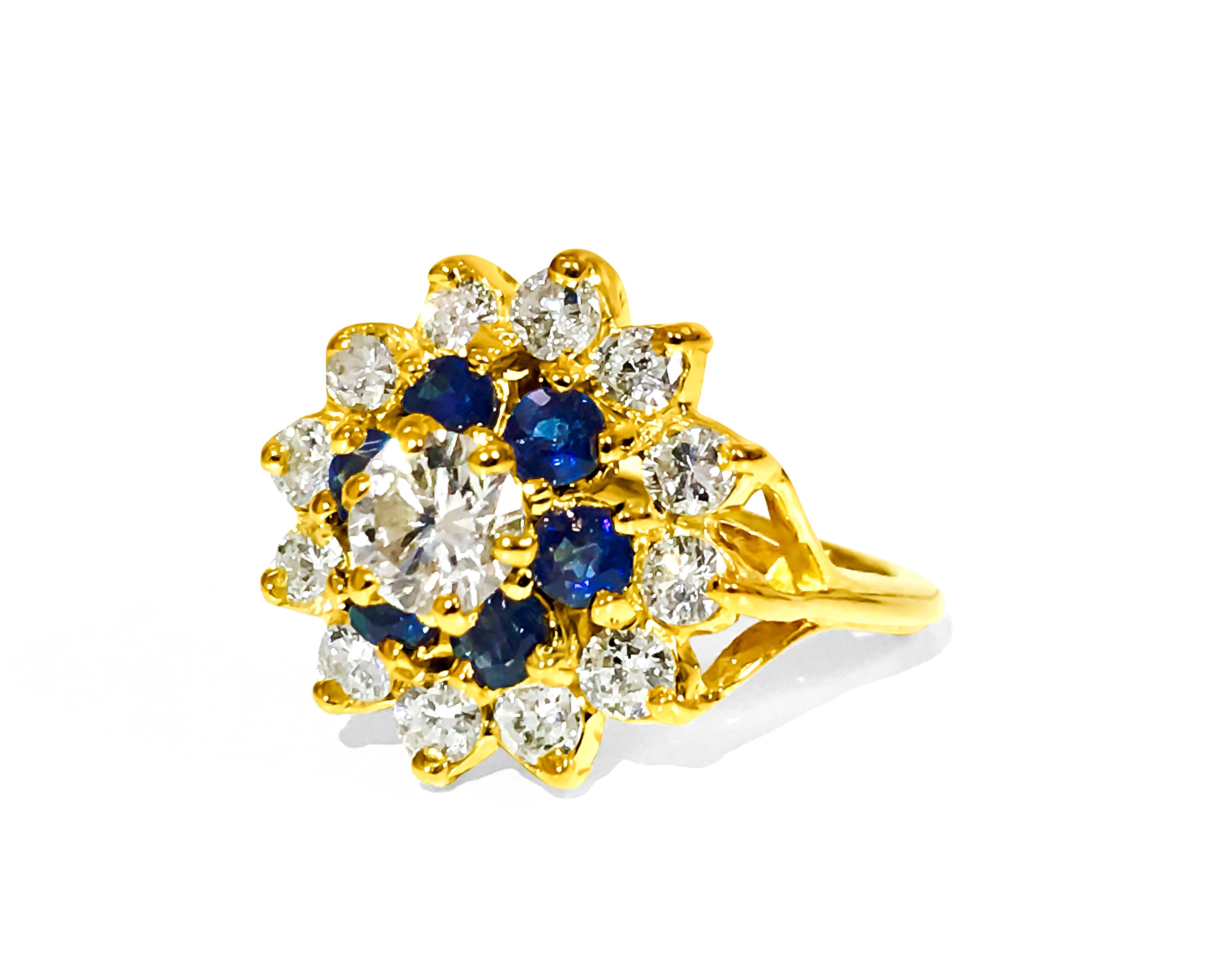 18K Gold. 2.12 Carat Diamond and Blue Sapphire Ring